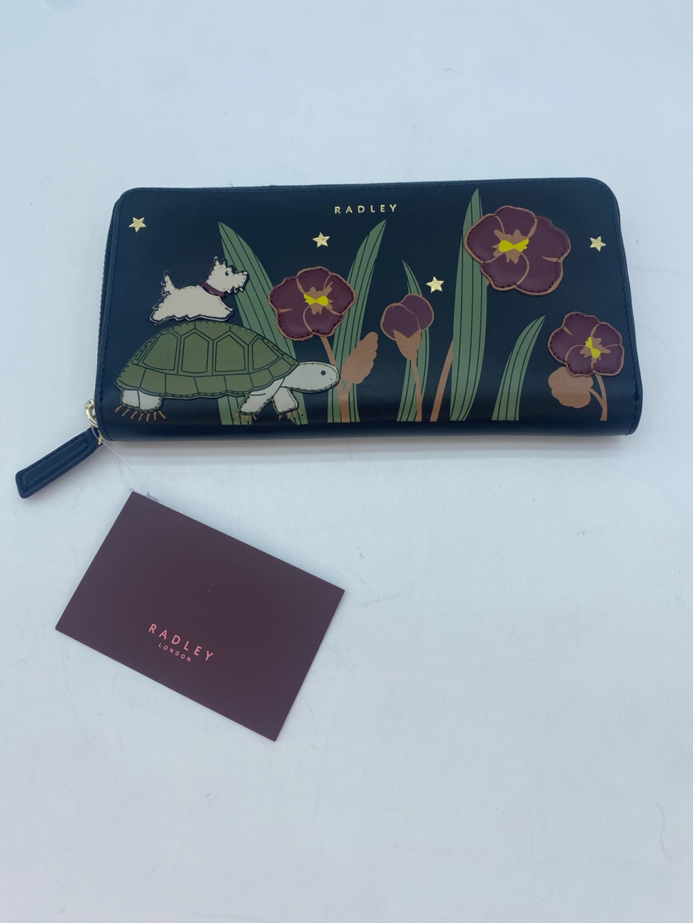 RADLEY LONDON Leather Black Zip-Around Wallet with Floral & Tortoise Dog Motif